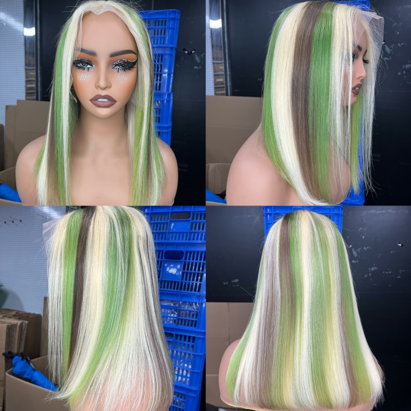 Stema Customized 13x6 Green Highlight Straight Colored Transparent Lace Front Bob Wig